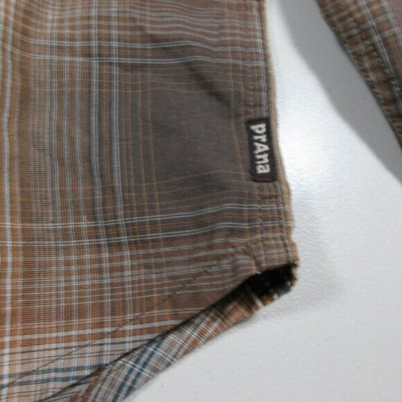 prAna mens Broderick Scorched brown beige blue plaid Organic button shirt S NWT - Picture 4 of 5